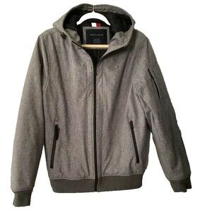 Tommy Hilfiger Lightweight Softshell Coat Jacket Hooded Gray Zipper Puffer Men S